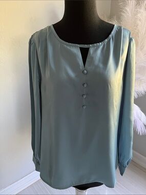 Satin-Look Dusty Blue Blouse with Front Buttons
